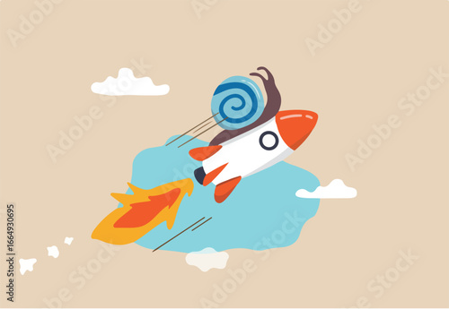 Accelerate business, increase agility and efficiency, sprint or fast, innovation to increase work speed concept, slow snail flying fast with rocket booster metaphor of accelerate working process.