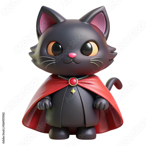 Adorable 3d render of a cute black cat wearing a regal red cape with gemstone accent transparent background