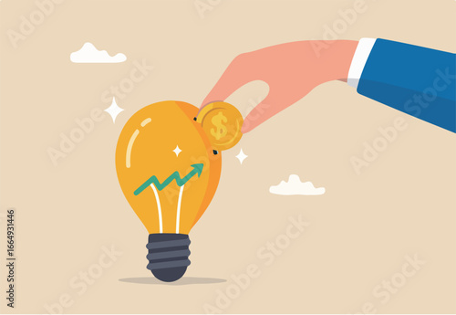Invest in growth stock, mutual fund or growing money, savings, pension fund or increase return from stock market, economy or rising interest rate, businessman hand put coin in growth graph lightbulb.
