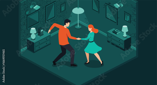Couple dancing in isometric room, patterned wallpaper & furniture background, mockup use