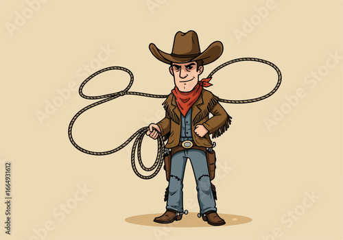 Cartoon cowboy with a rope standing, on a beige background, for a poster