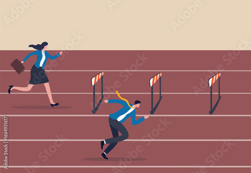 Gender inequality woman or female discrimination, unfair opportunity or unequal, obstacle or difficulty for woman leadership concept, businesswoman compete with men with more difficulty hurdles. 