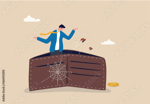 Poor or poverty with empty wallet, financial problem, trouble to pay rent or loan, bankruptcy or unemployment concept, broke businessman stand with empty wallet with bugs fly around and spider web.