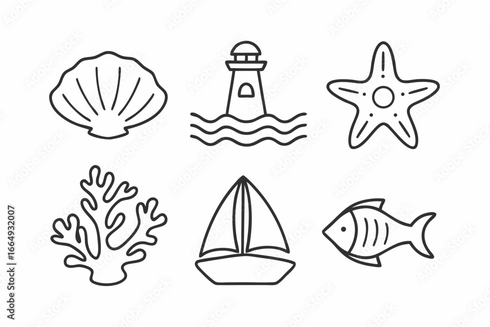 Fototapeta premium Minimalist Sea and Ocean Nature Vector Icon Set in Black Line Art, Clean Outline Illustration
