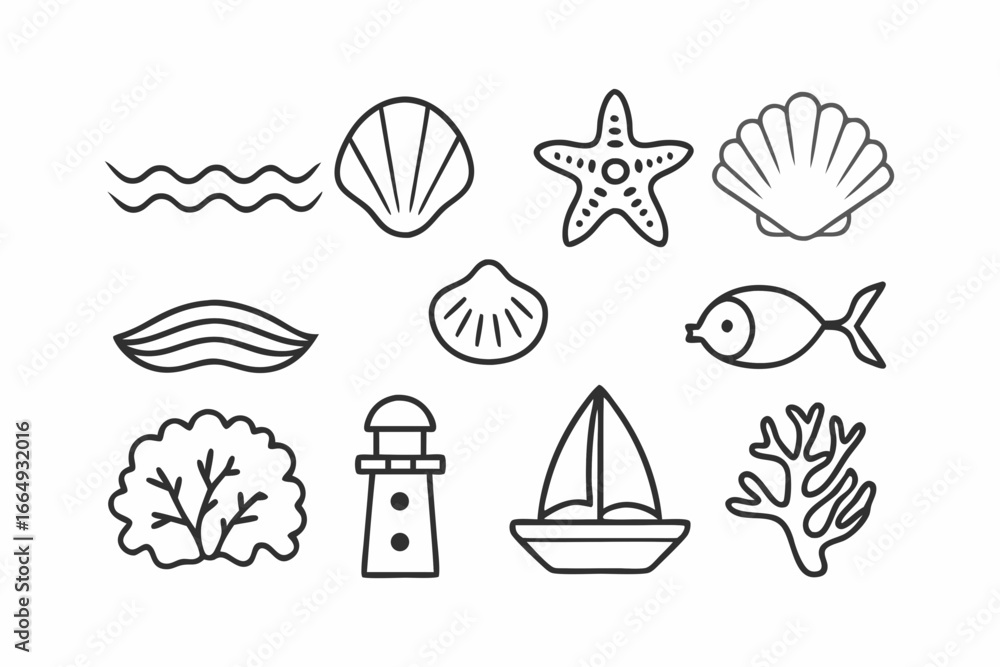 Fototapeta premium Minimalist Sea and Ocean Nature Vector Icon Set in Black Line Art, Clean Outline Illustration