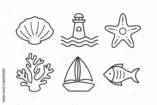 Minimalist Sea and Ocean Nature Vector Icon Set in Black Line Art, Clean Outline Illustration