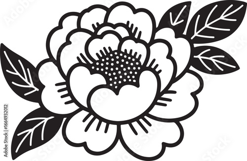 A stylized black and white illustration of a beautiful blooming rose  flower with detailed petals and leaves.