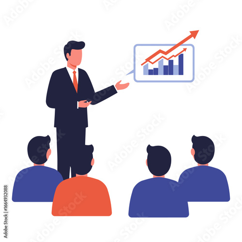 A skilled business professional delivers an impactful presentation on market trends and financial growth to a receptive audience in a corporate setting.