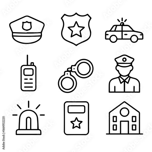 Nine Line Art Police Icons Cap Badge Car Radio Handcuffs Officer Siren Shield Station.