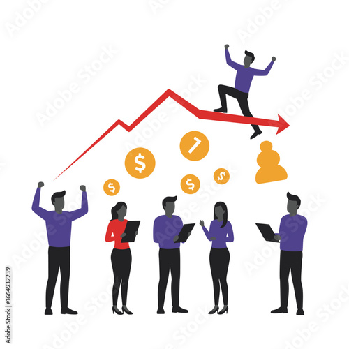 A dedicated business team navigates market dynamics, with some members celebrating financial success and others addressing a challenging economic downturn.