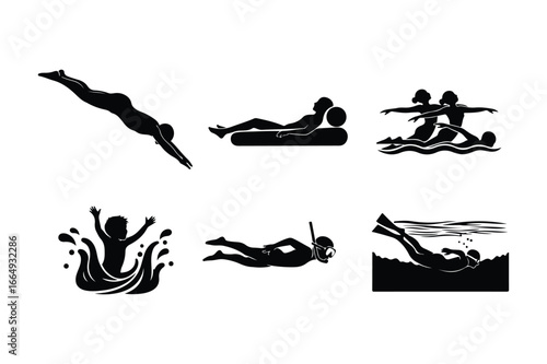 Set of black silhouettes of people swimming diving and relaxing by water pool ocean