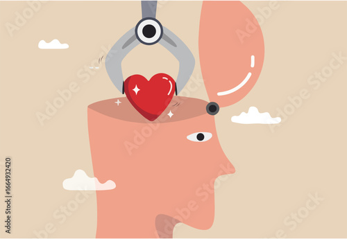 Emotional intelligence ability to understanding emotions and control self positive way, balance between heart and brain, reason and emotion concept, machine put positive heart shape into human brain.