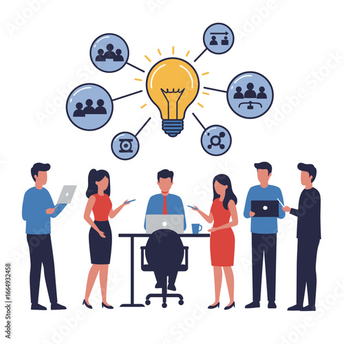 A diverse business team collaborates effectively, brainstorming innovative ideas and sharing insights to achieve collective goals and foster creative problem-solving.