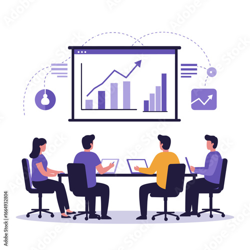 A team of professionals collaborates during a crucial business meeting, analyzing market trends and strategic growth projections displayed on a large screen.