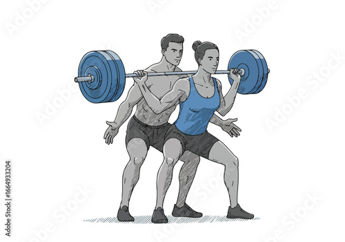 Spotter aids in barbell squat lift, indoors, for exercise and fitness uses