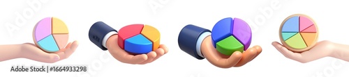 3D hand holding colorful pie chart business analysis finance teamwork data visualization creative cheerful isolated on transparency background
