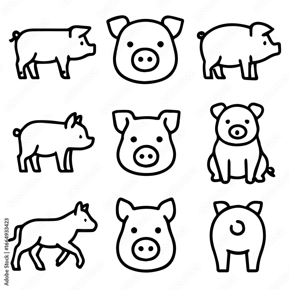 Obraz premium Nine stylized pig icons in various poses outlined in black on transparent background.