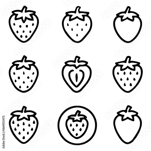 Nine stylized strawberry icons including a halved berry and one within a circle.