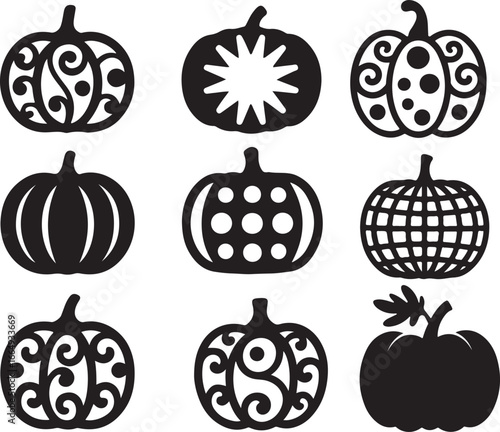 A collection of nine stylized pumpkins, each with a unique pattern, presented as a black and white design set