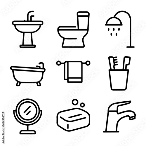 Outlined Bathroom Fixtures and Accessories in Minimalist Black and White Style.