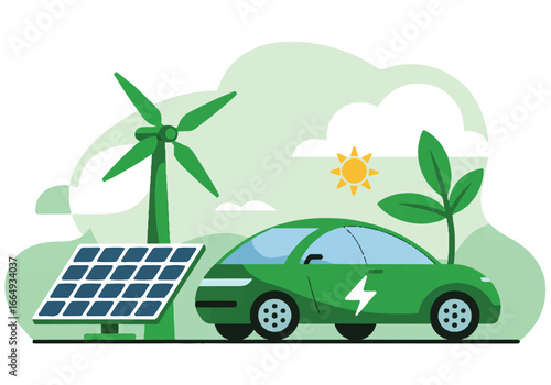 Eco-Friendly Transportation and Renewable Energy Illustration, Featuring a Green Electric Car Powered by Solar and Wind