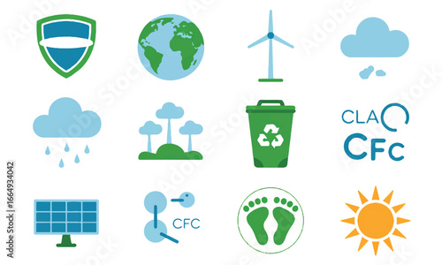 Color-Coded Flat Icons for Environmental Protection, Featuring Solar Energy, Wind Power, and a Recycle Bin.