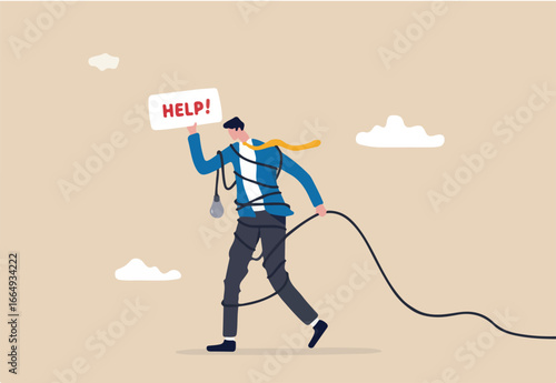 Need help and support to solve problem, desperate or burnout from overworked, request or ask for help concept, frustrated businessman with messy line on himself holding help placard with hopelessness.