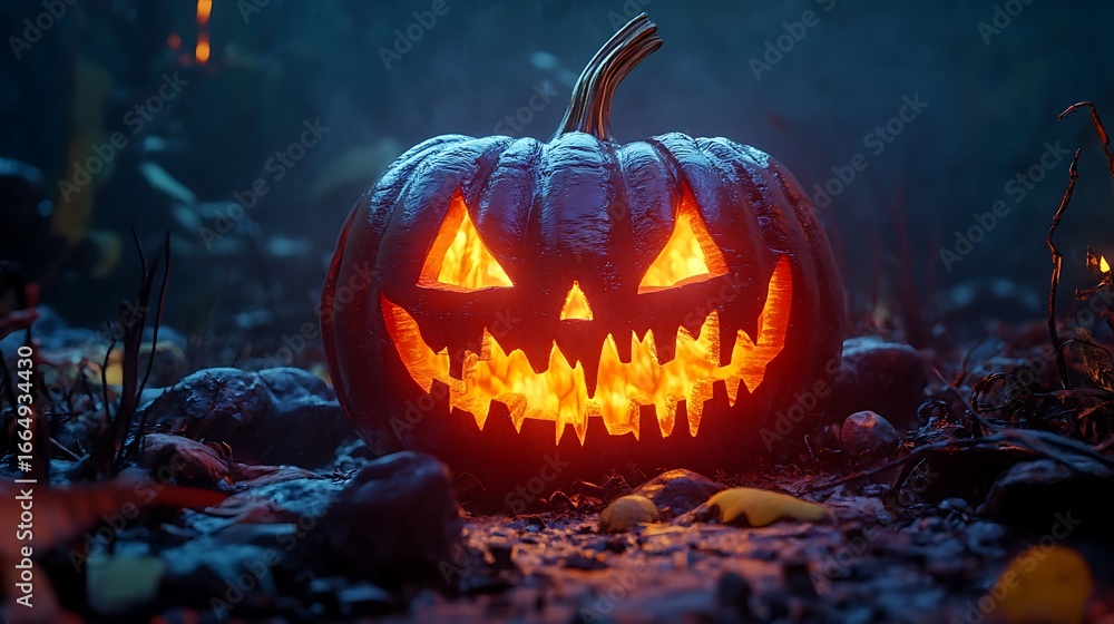 Naklejka premium Realistic glowing Jack O Lantern with spooky carved face