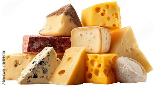 Rustic gourmet cheese tower featuring stacked blocks and wedges of various dairy types from creamy brie to aged cheddar designed for culinary, food, and gastronomy uses, transparent background