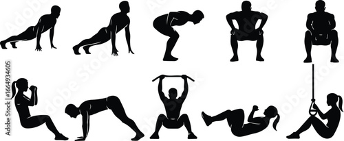 Diverse group of people performing various fitness exercises in silhouette workout