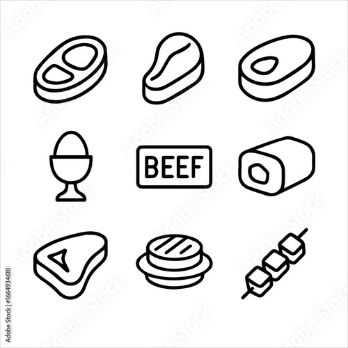 Outlined Meat Cuts and Egg with BEEF Sign Food Icon Set.