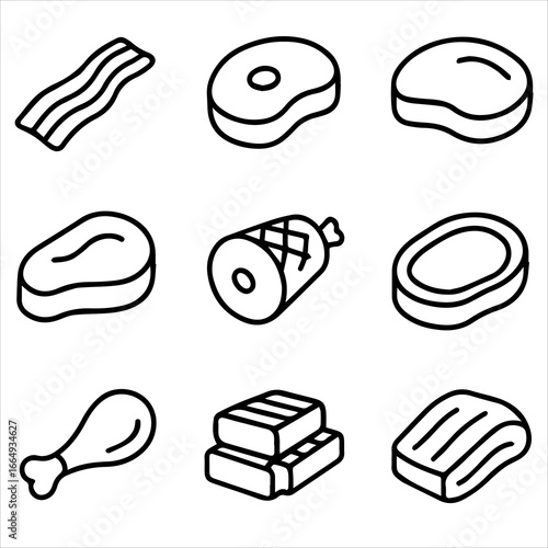 Outlined Meat Cuts Bacon Steaks Ham and Chicken Leg Vector Illustration.