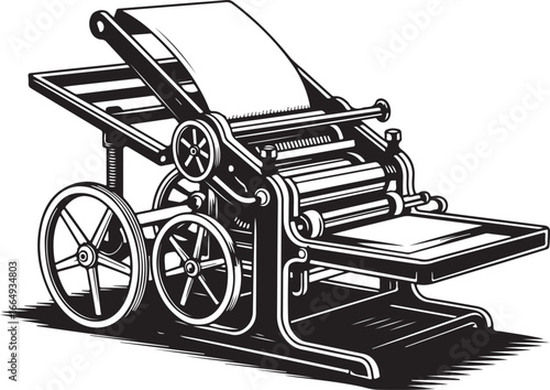 Retro Vector Engraving of a Vintage Industrial Printing Press Machine, a Classic Mechanical Art Illustration.