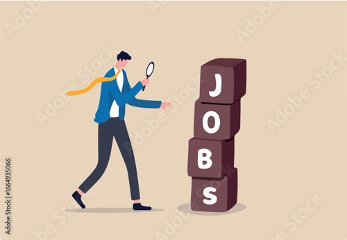Searching for jobs, recruitment or opportunity for candidate to finding right work and employer, smart unemployed businessman using magnifying glass to looking at stack of boxes with the word Jobs. 