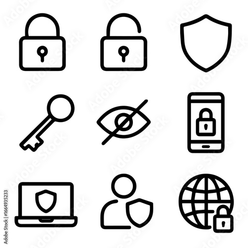 Security icons set Padlocks shield key eye phone laptop user globe.