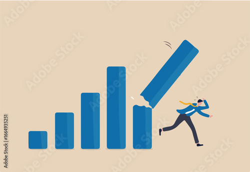 Economic recession from high inflation, stock market crash, crisis or depression, investment risk or price drop causing money loss concept, fear businessman investor run away from collapsing graph. 