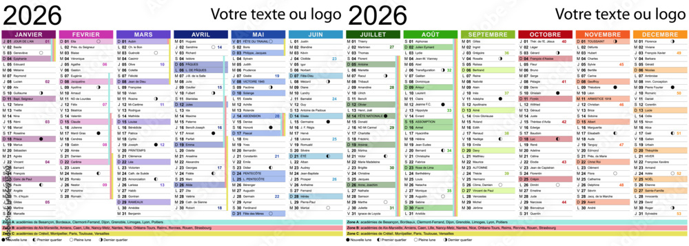 Calendrier 2026 avec fêtes, saints, vacances scolaires et cycles de la lune - Textes vectorisés et non vectorisés sur calques séparés