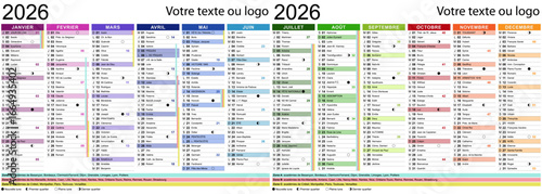 Calendrier 2026 avec fêtes, saints, vacances scolaires et cycles de la lune - Textes vectorisés et non vectorisés sur calques séparés