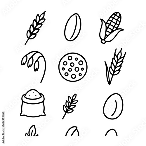 Simple Black and White Illustrations of Various Cereal Grains and Seeds.