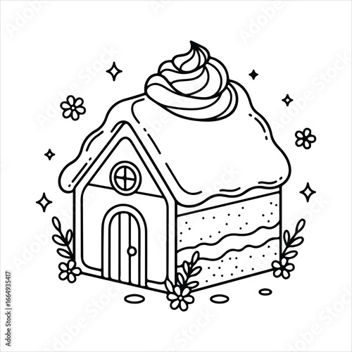 Black and white line drawing of a whimsical gingerbread house cake with frosting and flowers icing sweet