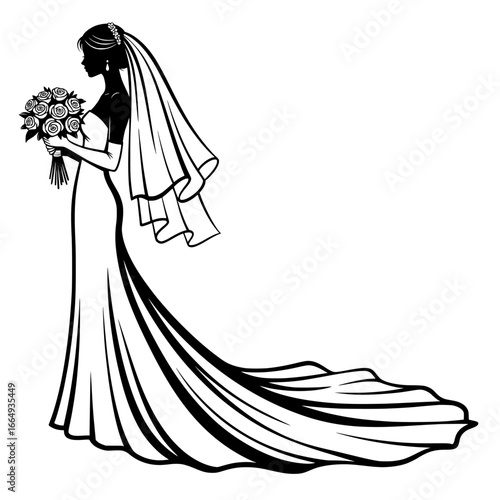 Elegant bride in a flowing wedding dress holding a bouquet isolated on white background