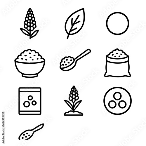 Simple Black and White Line Art Depicting Various Food Items and Ingredients.