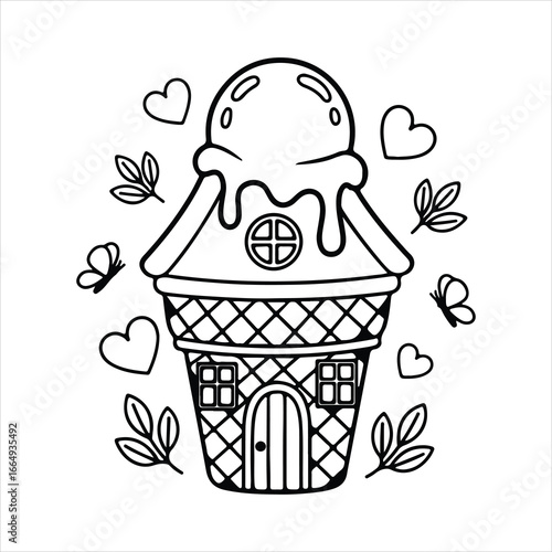 Black and white outline drawing of an ice cream cone shaped house with hearts and butterflies ice cream cone house