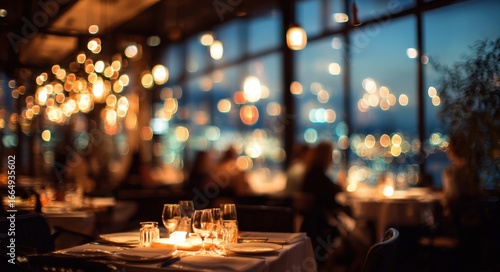 A sophisticated restaurant scene at night with diners enjoying their meals, illuminated by city lights through a large window, creating a warm and inviting ambiance.