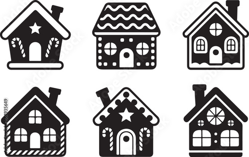 Collection of Gingerbread House Silhouettes with Decorative Icing Patterns and Heart Shapes.