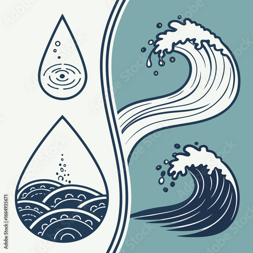 Water drops and ocean waves blue white