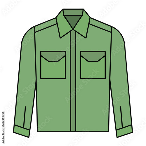 Flat illustration of a green long-sleeved shirt with two chest pockets and a collar clothing