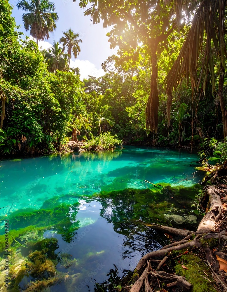 Naklejka premium Lush tropical river flowing through a dense forest