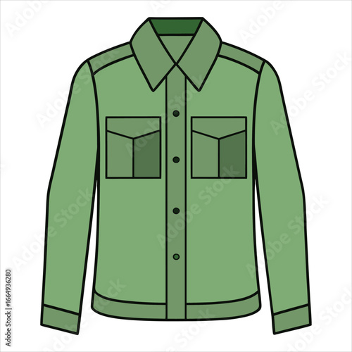 Flat illustration of a green long sleeve button up shirt with two chest pockets clothing apparel