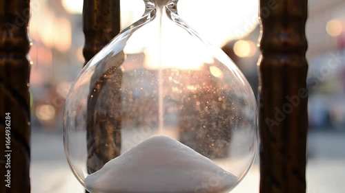 Hourglass close-up shot indoors, showing white sand collecting below. Warm sunlight shines through a blurred, window-like backdrop